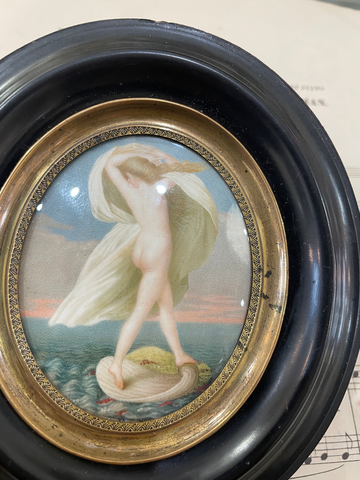 Antique French Hand Painted Miniature Birth of Venus c1900