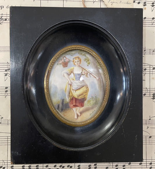 Antique French Hand Painted Miniature The Flower Girl Boucher c1880
