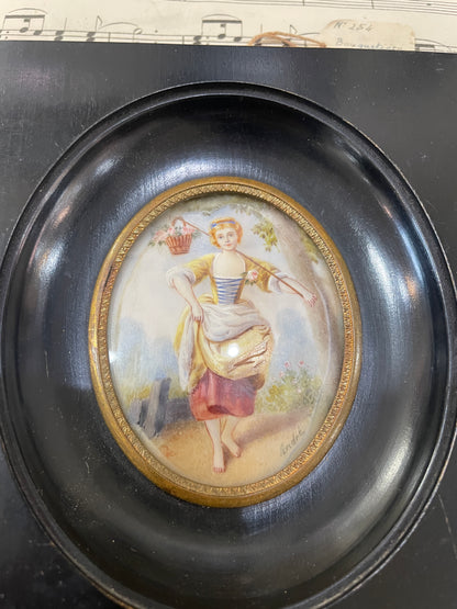 Antique French Hand Painted Miniature The Flower Girl Boucher c1880