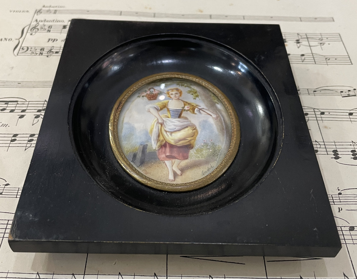Antique French Hand Painted Miniature The Flower Girl Boucher c1880