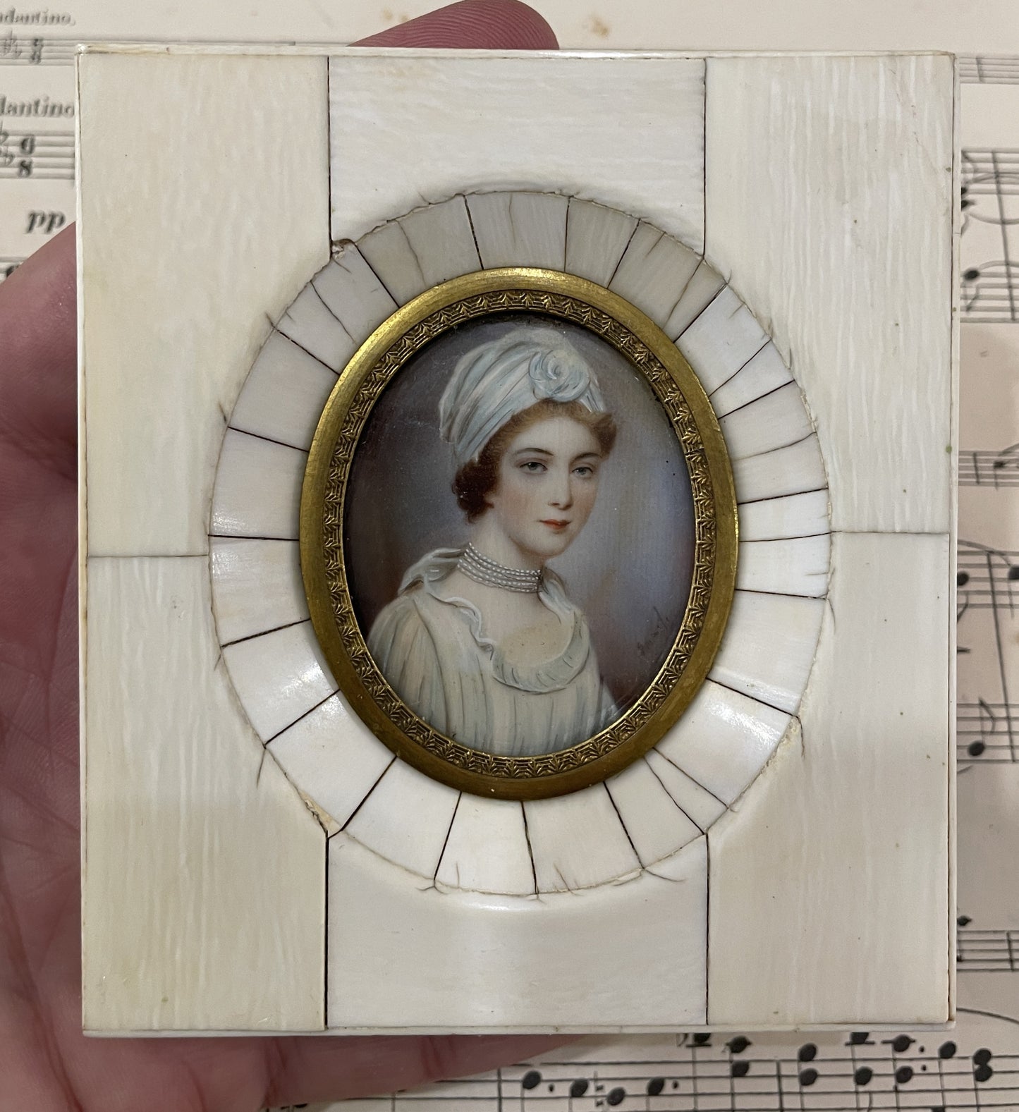 Antique French Hand Painted Signed Miniature Woman c1860