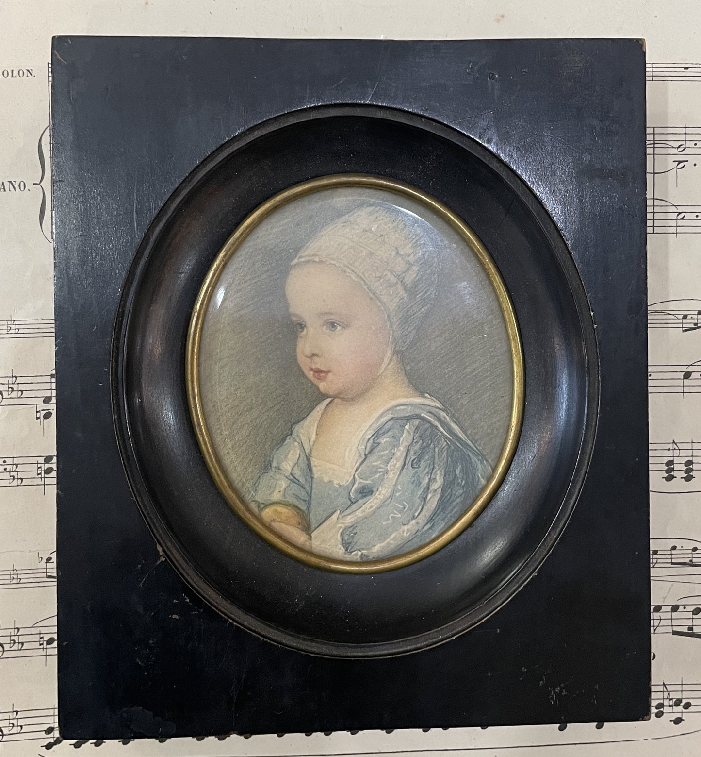 Antique French Hand Drawn Miniature Girl c1880