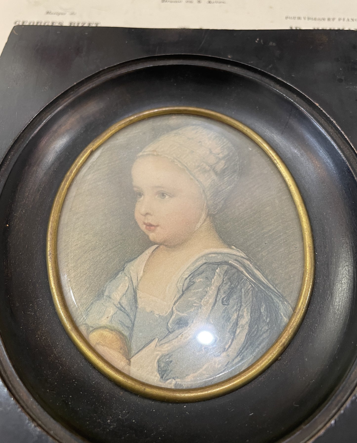 Antique French Hand Drawn Miniature Girl c1880