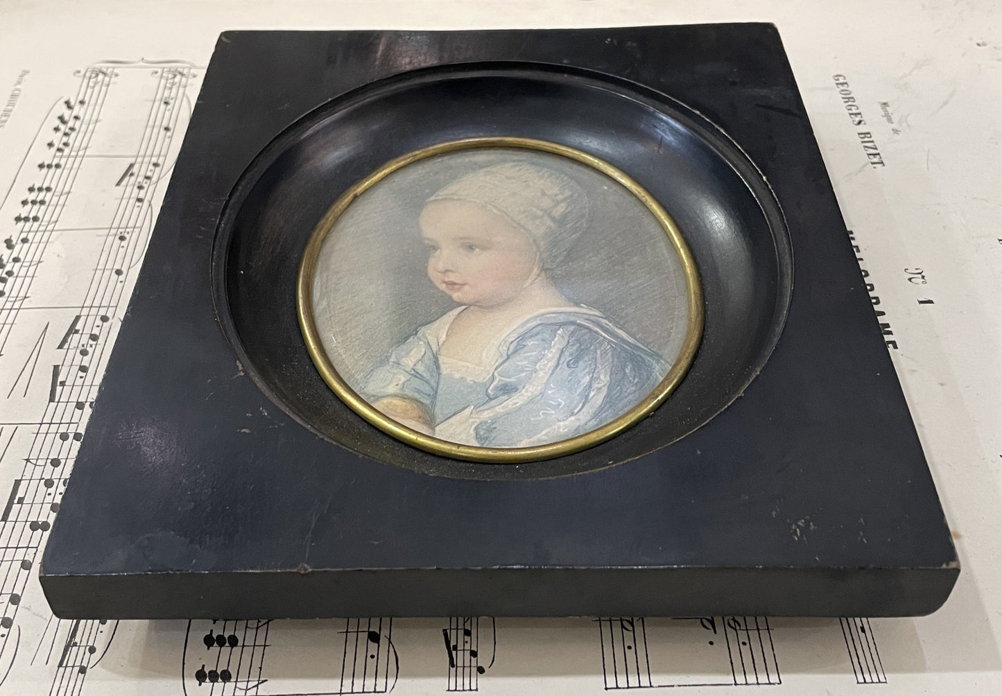 Antique French Hand Drawn Miniature Girl c1880