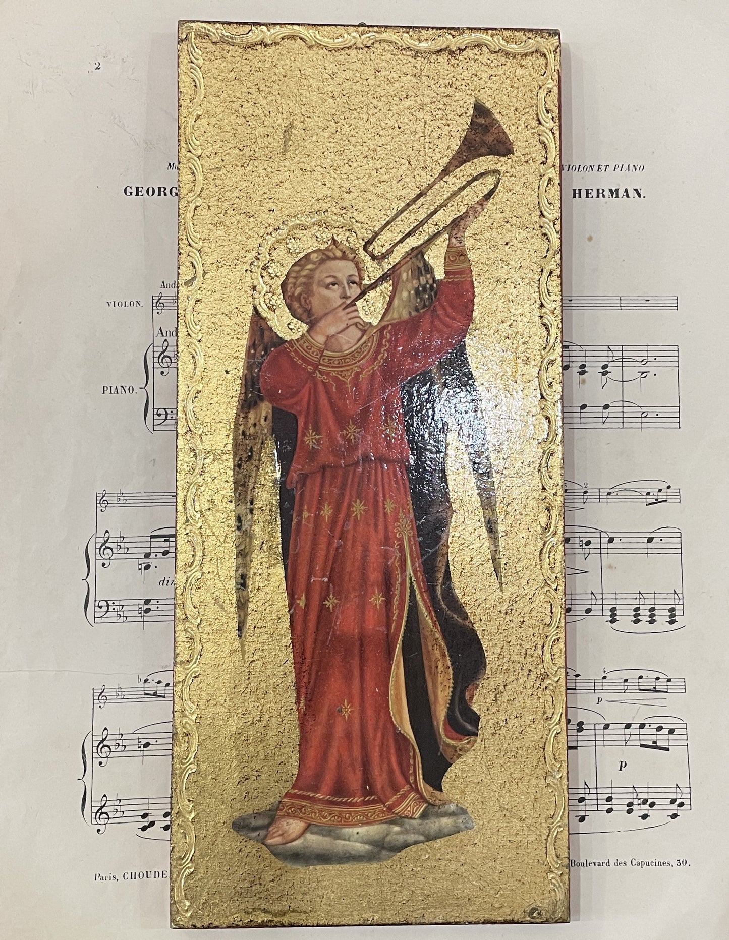 Rare Antique Italian Musician Angel Icon Wooden Frame c1930