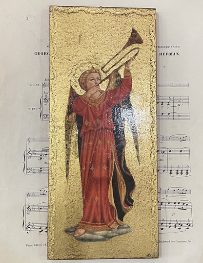 Rare Antique Italian Musician Angel Icon Wooden Frame c1930