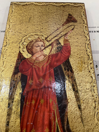 Rare Antique Italian Musician Angel Icon Wooden Frame c1930