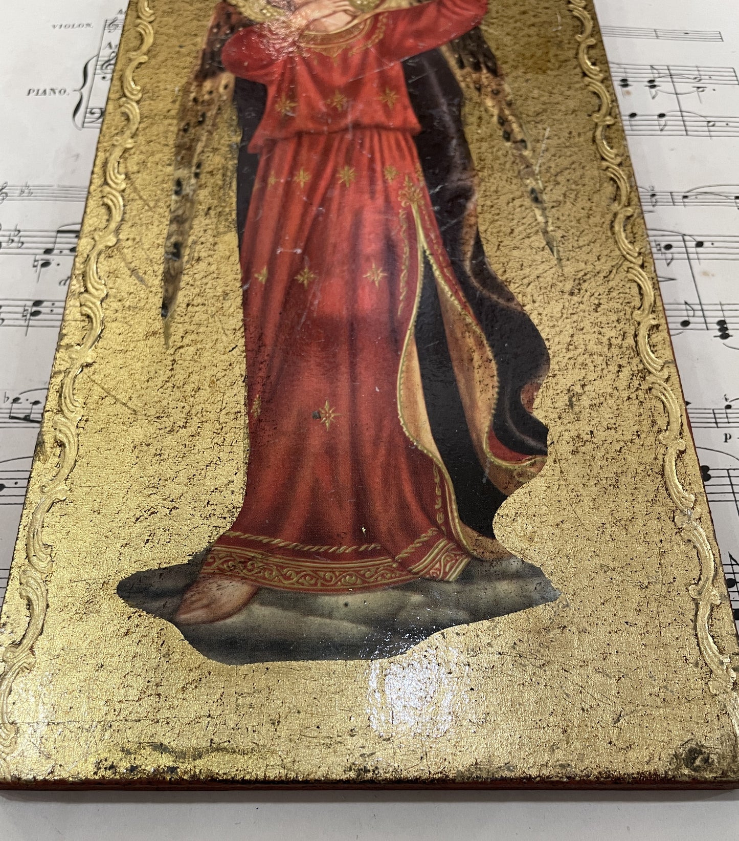 Rare Antique Italian Musician Angel Icon Wooden Frame c1930