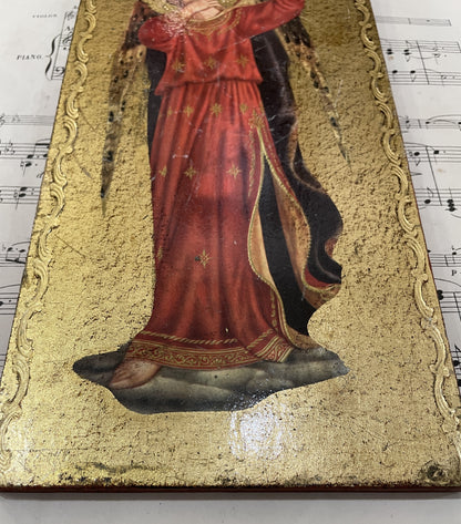 Rare Antique Italian Musician Angel Icon Wooden Frame c1930