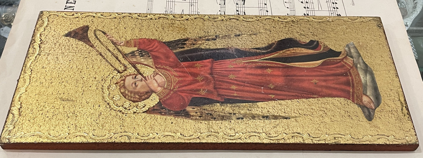 Rare Antique Italian Musician Angel Icon Wooden Frame c1930