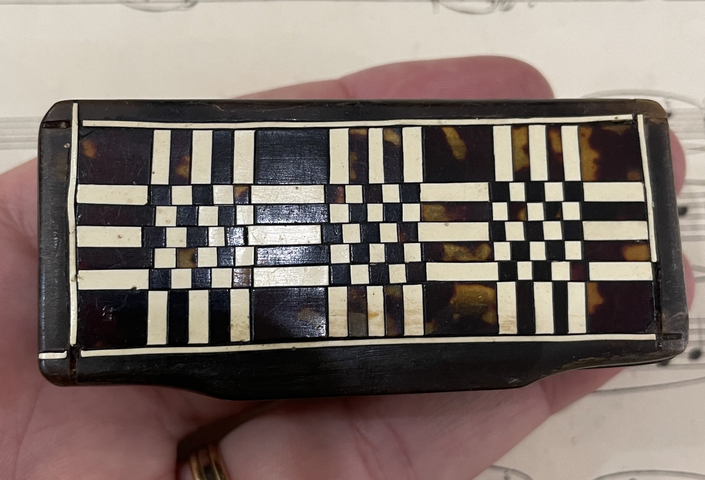 Antique French Carved Horn Snuff Box Marquetry c1880
