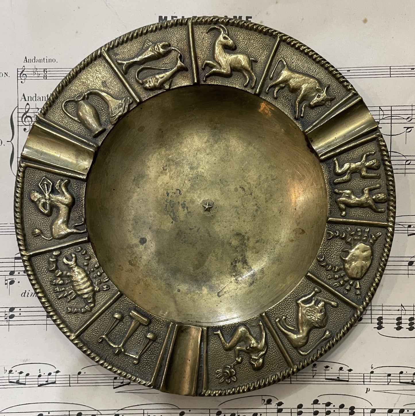 Antique French Brass Tray Zodiac Signs c1940