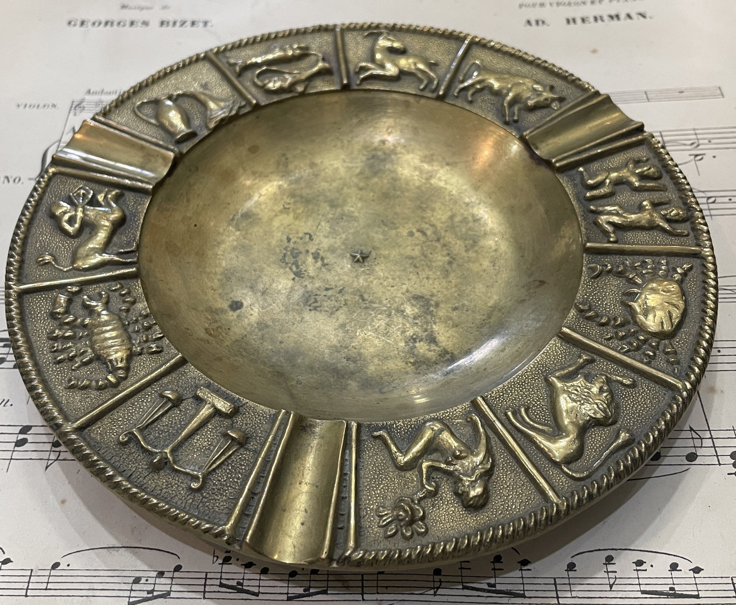 Antique French Brass Tray Zodiac Signs c1940