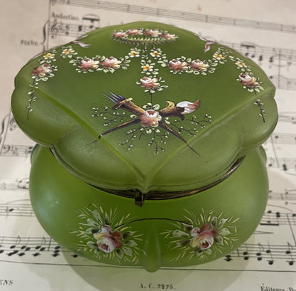 Rare Antique French Art Nouveau Gilt Brass Green Glass Hand Painted Enameled Box c1900