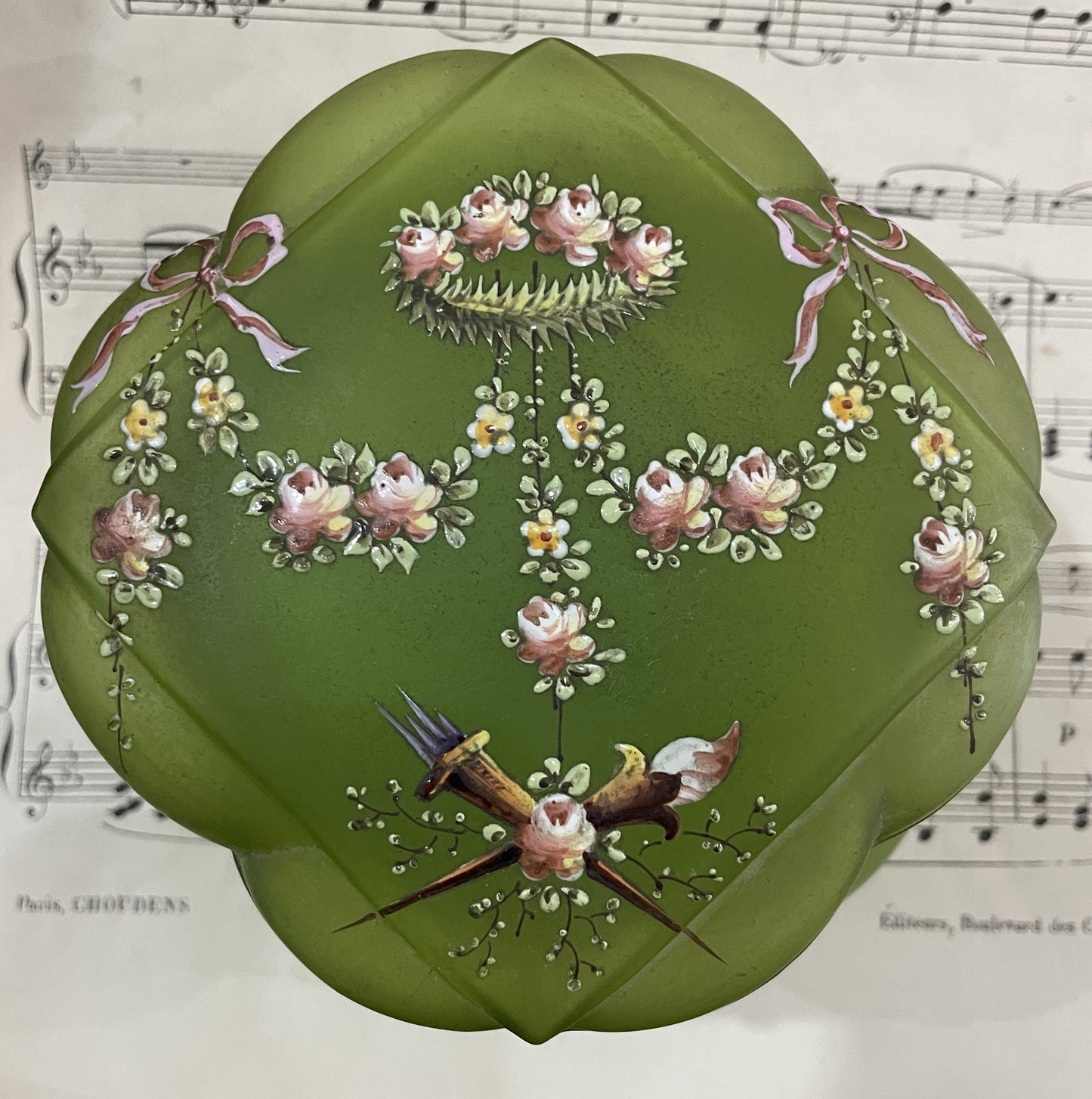 Rare Antique French Art Nouveau Gilt Brass Green Glass Hand Painted Enameled Box c1900