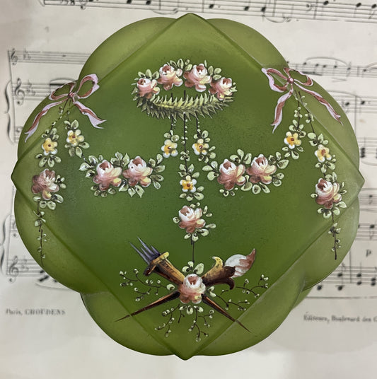 Rare Antique French Art Nouveau Gilt Brass Green Glass Hand Painted Enameled Box c1900