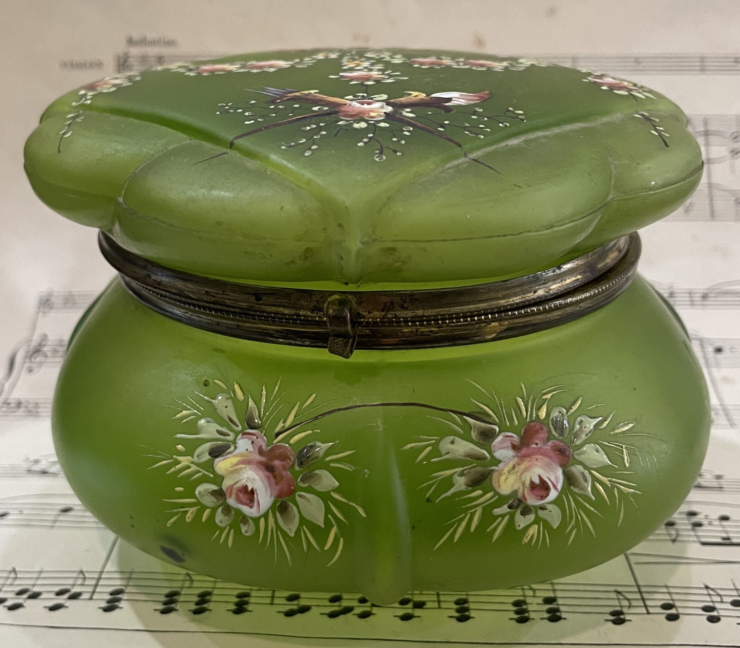 Rare Antique French Art Nouveau Gilt Brass Green Glass Hand Painted Enameled Box c1900