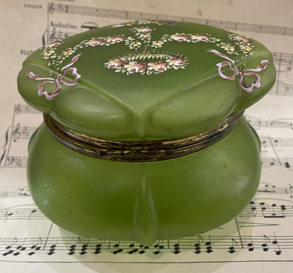 Rare Antique French Art Nouveau Gilt Brass Green Glass Hand Painted Enameled Box c1900