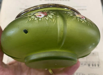 Rare Antique French Art Nouveau Gilt Brass Green Glass Hand Painted Enameled Box c1900