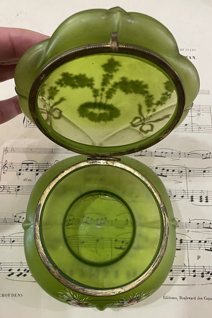 Rare Antique French Art Nouveau Gilt Brass Green Glass Hand Painted Enameled Box c1900