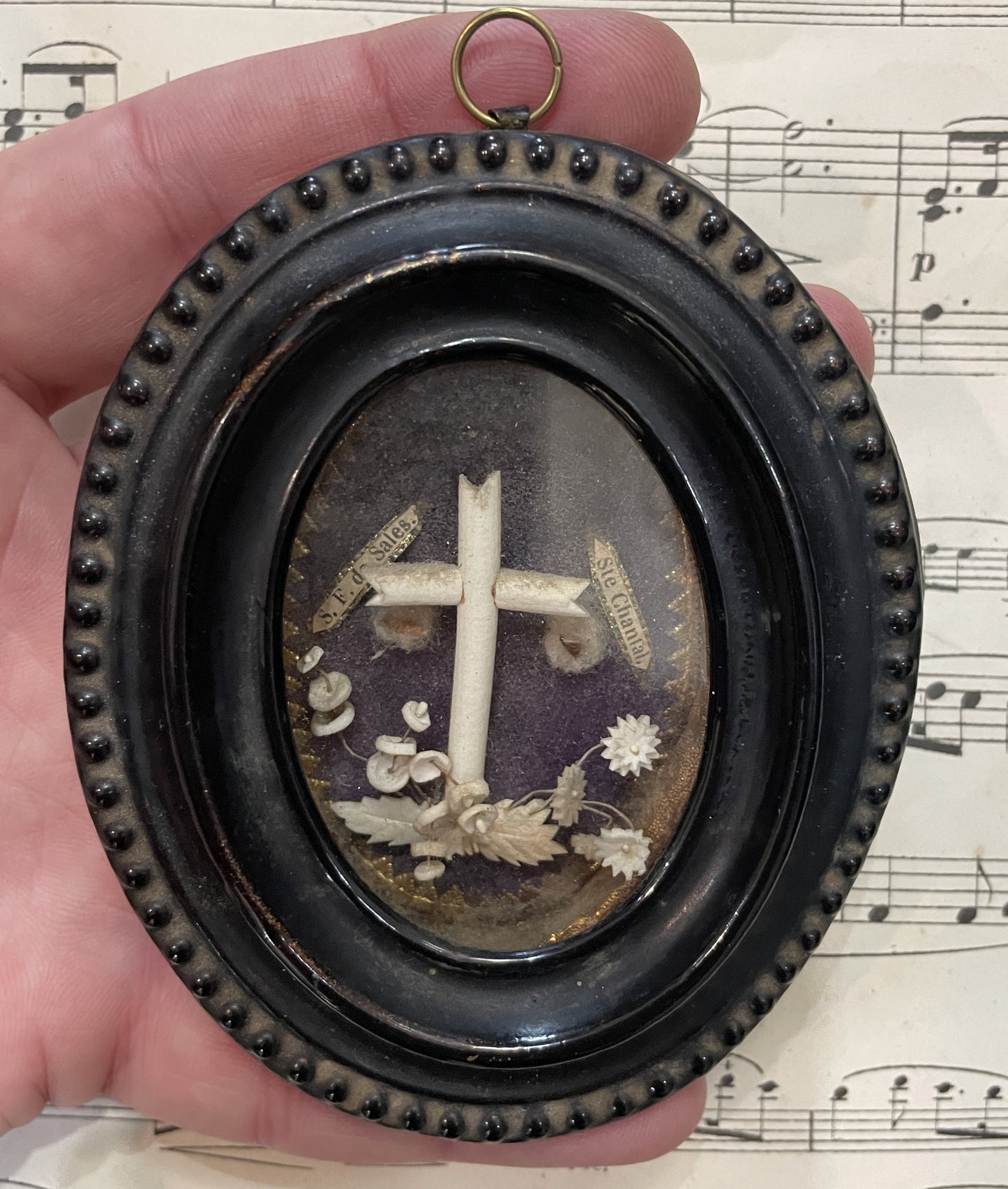 Rare Antique French Reliquary under Glass St Chantal St Francis de Sales c1880