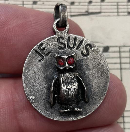 Rare Antique French Pewter Medal Owl "Je suis chouette" (I'm awesome) c1940