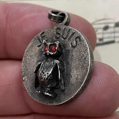 Rare Antique French Pewter Medal Owl "Je suis chouette" (I'm awesome) c1940