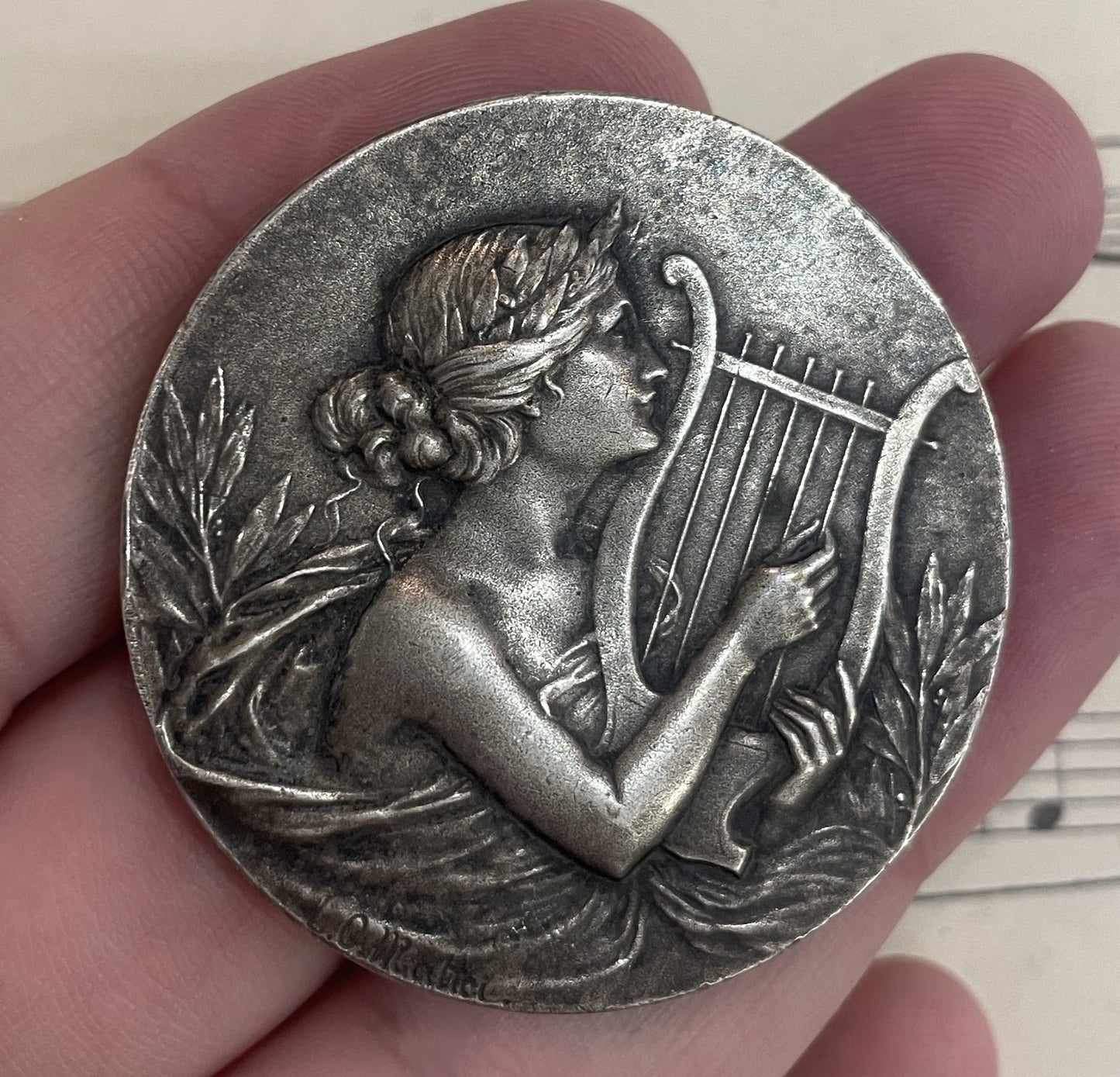 Large Antique French Bronze Music St Cecilia Medal Signed Mattei c1932