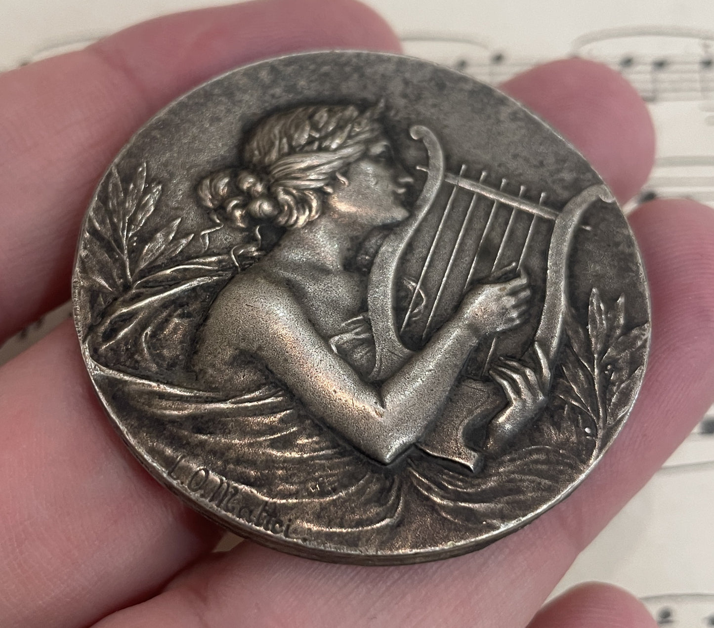 Large Antique French Bronze Music St Cecilia Medal Signed Mattei c1932