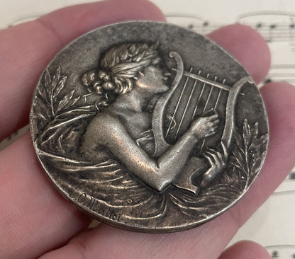 Large Antique French Bronze Music St Cecilia Medal Signed Mattei c1932