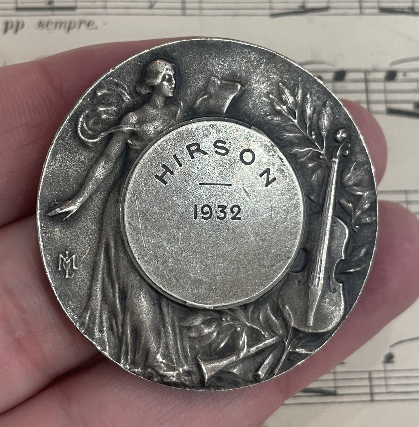 Large Antique French Bronze Music St Cecilia Medal Signed Mattei c1932