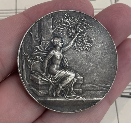 Large Antique French Bronze Art Nouveau Medal Signed Pillet c1920