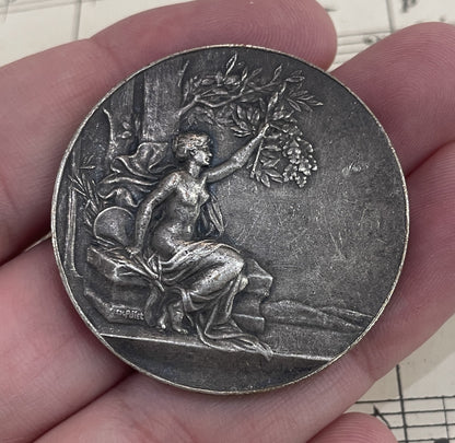 Large Antique French Bronze Art Nouveau Medal Signed Pillet c1920