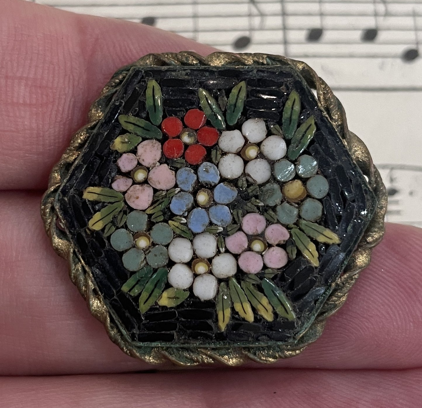 Antique Italian Micro Mosaic Micromosaic Brooch Flowers Millefiori c1920