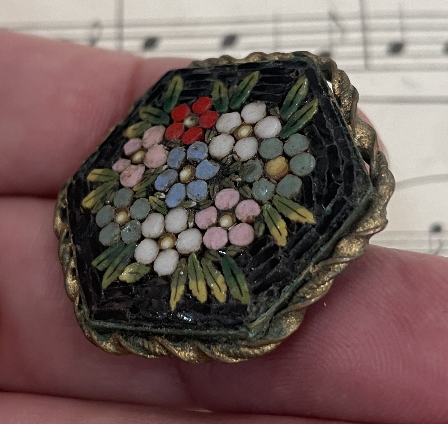 Antique Italian Micro Mosaic Micromosaic Brooch Flowers Millefiori c1920