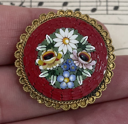 Antique Italian Micro Mosaic Micromosaic Brooch Flowers Millefiori c1920