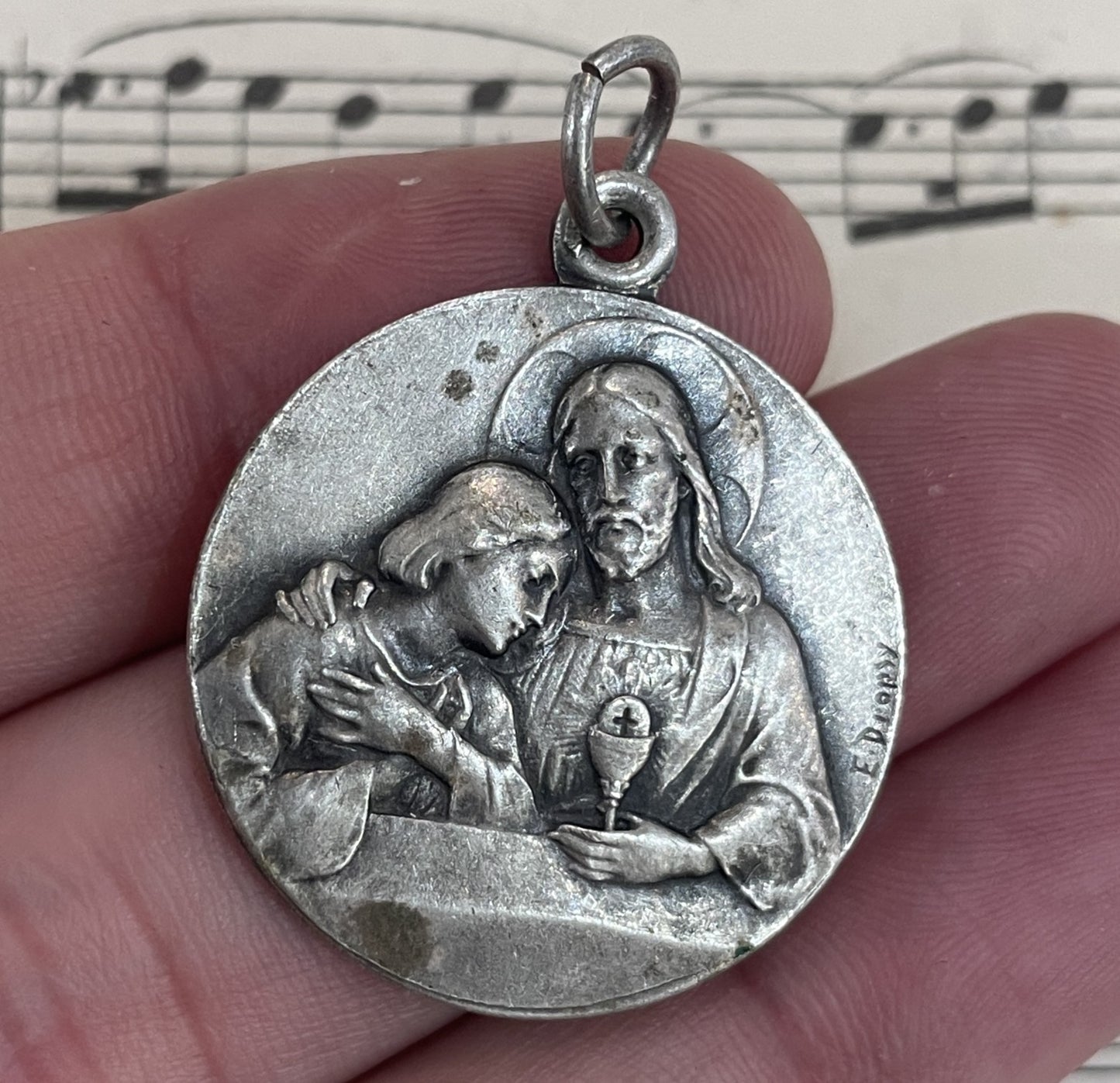 Large Antique French Jesus Mary Magdalene Religious Medal Signed Dropsy c1910