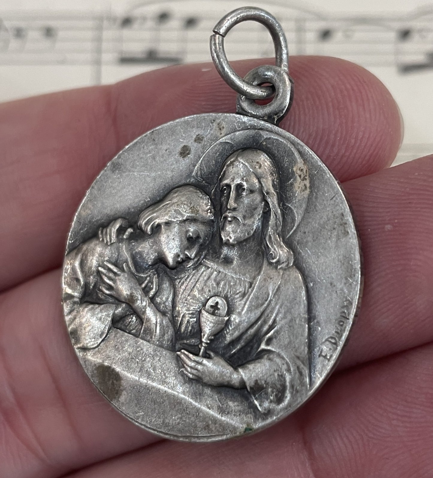 Large Antique French Jesus Mary Magdalene Religious Medal Signed Dropsy c1910
