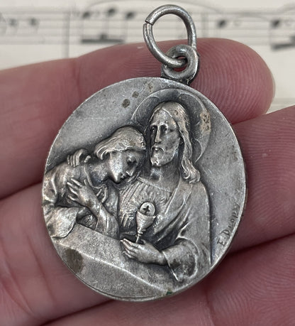 Large Antique French Jesus Mary Magdalene Religious Medal Signed Dropsy c1910