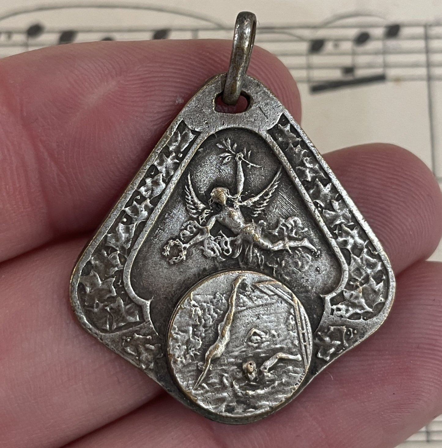 Rare Antique French Angel Medal Swimming c1930