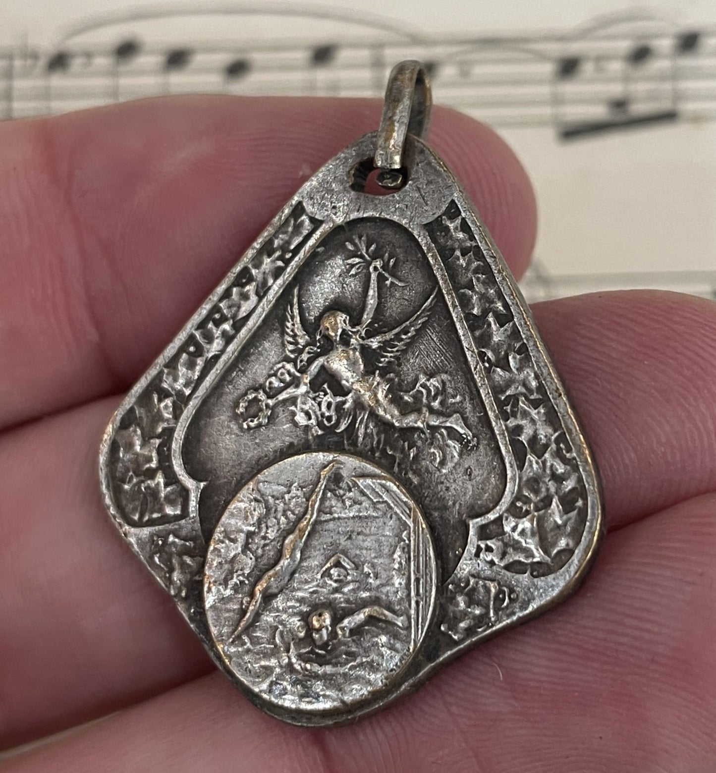 Rare Antique French Angel Medal Swimming c1930
