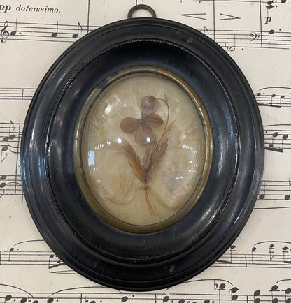 Small Antique French Mourning Hair Art Domed Glass Wooden Frame Hearts c1880