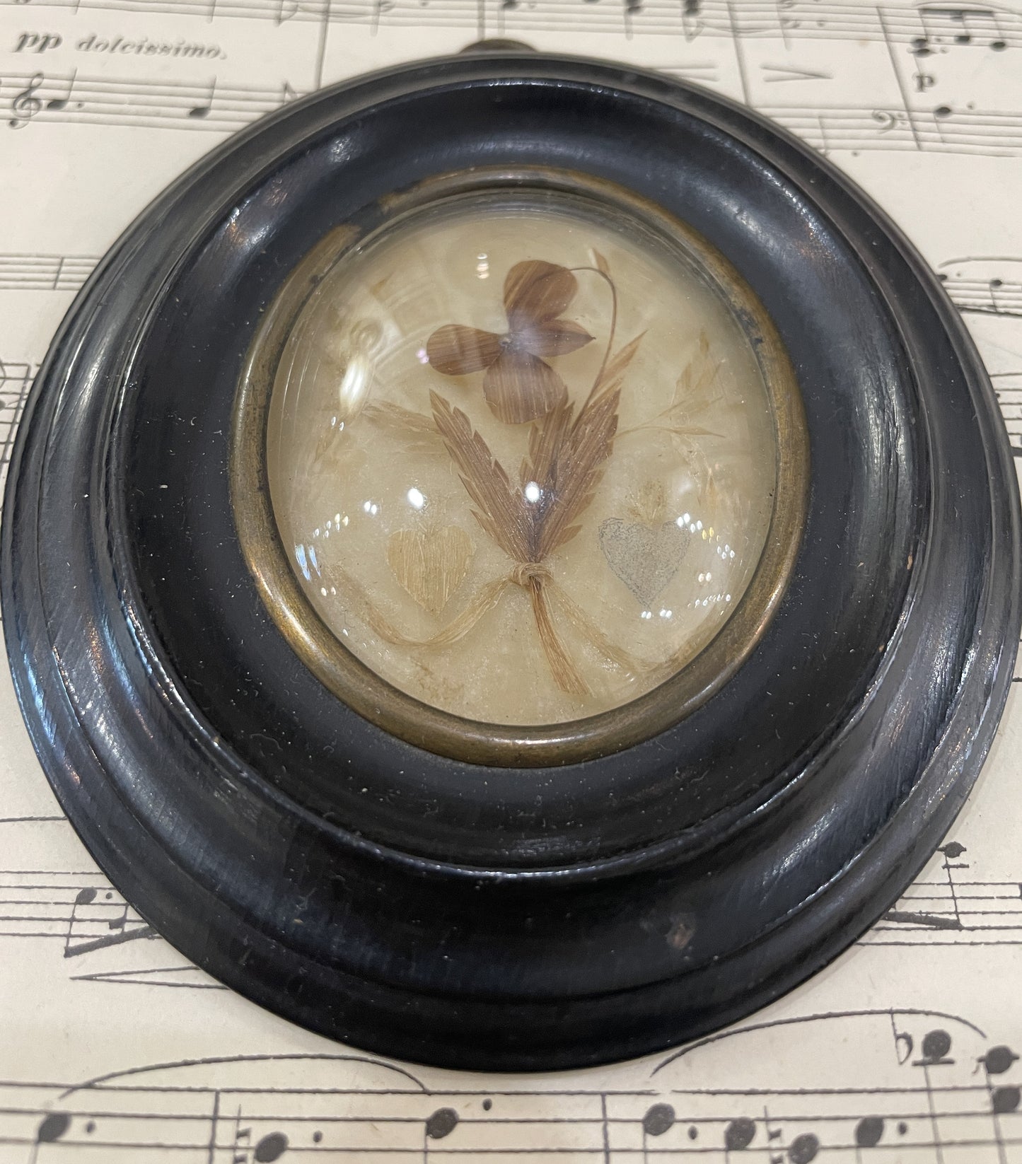 Small Antique French Mourning Hair Art Domed Glass Wooden Frame Hearts c1880