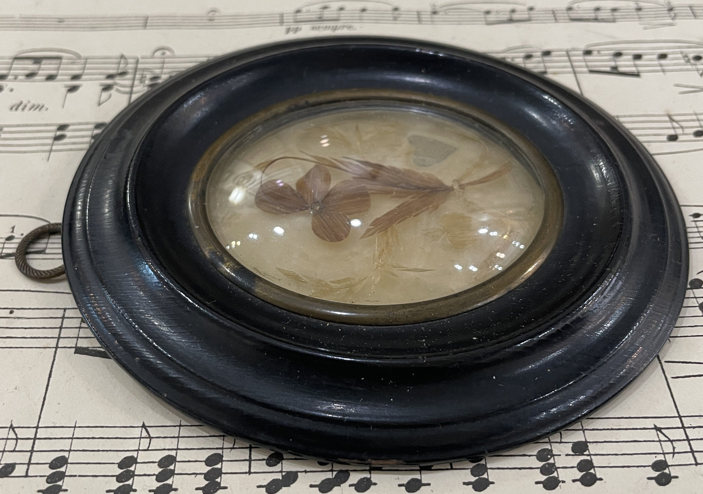 Small Antique French Mourning Hair Art Domed Glass Wooden Frame Hearts c1880