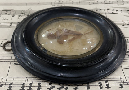 Small Antique French Mourning Hair Art Domed Glass Wooden Frame Hearts c1880