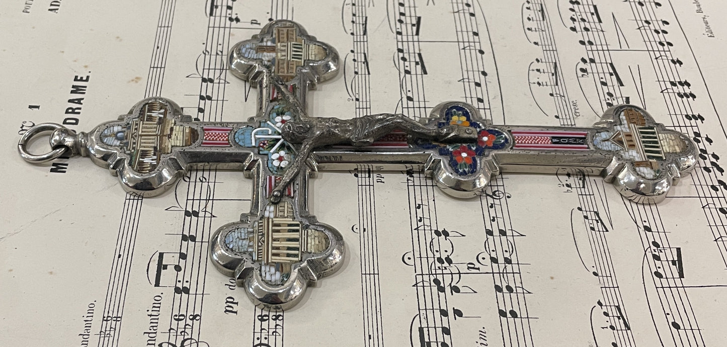 Large Antique Italian Micro Mosaic Micromosaic Cross Crucifix Roman Ruins c1900