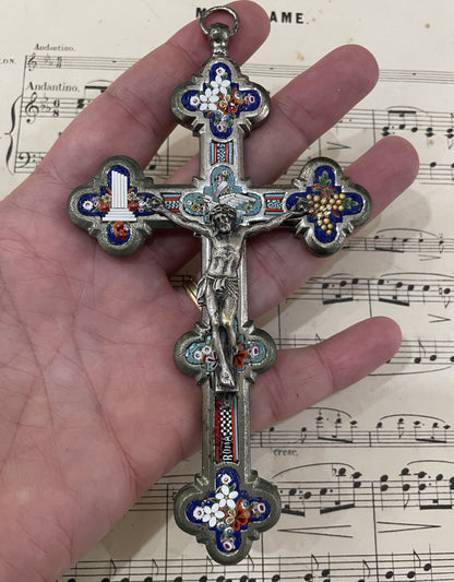Antique Italian Micro Mosaic Micromosaic Cross Crucifix Bird Flowers c1900
