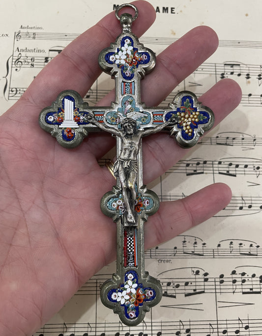 Antique Italian Micro Mosaic Micromosaic Cross Crucifix Bird Flowers c1900