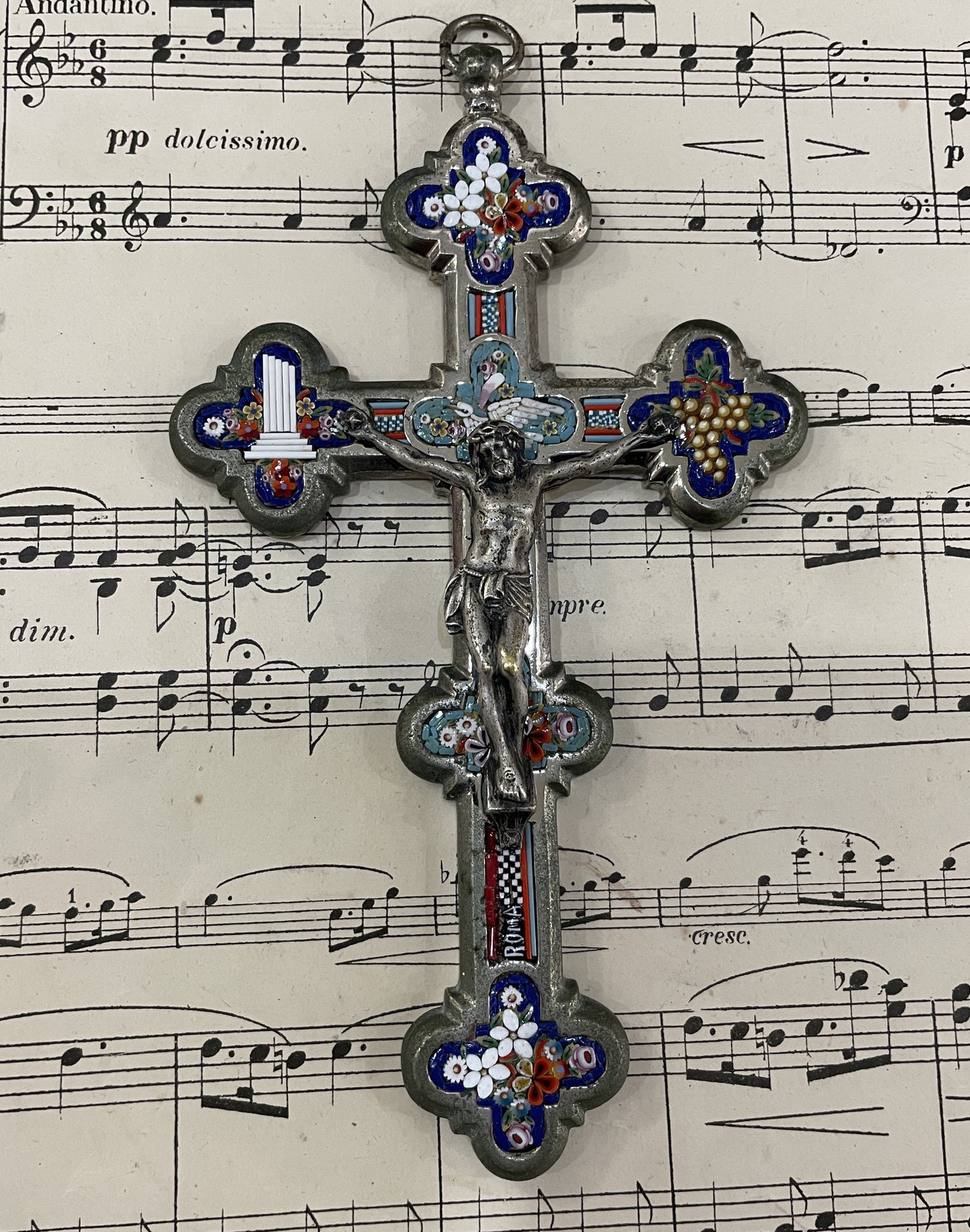 Antique Italian Micro Mosaic Micromosaic Cross Crucifix Bird Flowers c1900
