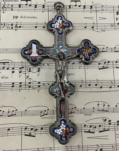 Antique Italian Micro Mosaic Micromosaic Cross Crucifix Bird Flowers c1900